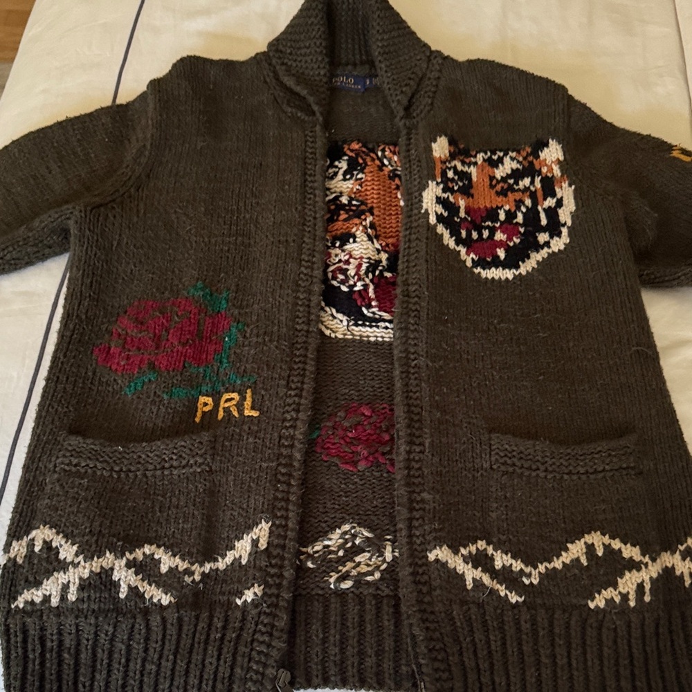 Ralph Lauren Dark Brown Cardigan with Tiger and Rose Motif zip up cardigan